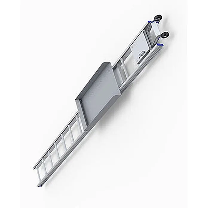Mauderer Dachleiter Bavaria Wartungsleitern für Photovoltaik-Anlagen Leiterlänge 2,0m 7 Spros - Anzahl Tritte: 7 Stk., Belastbarkeit: 150 kg, Aluminium - Silberner Leiteraufzug mit beweglicher grauer Tragplattform und Rädern oben.