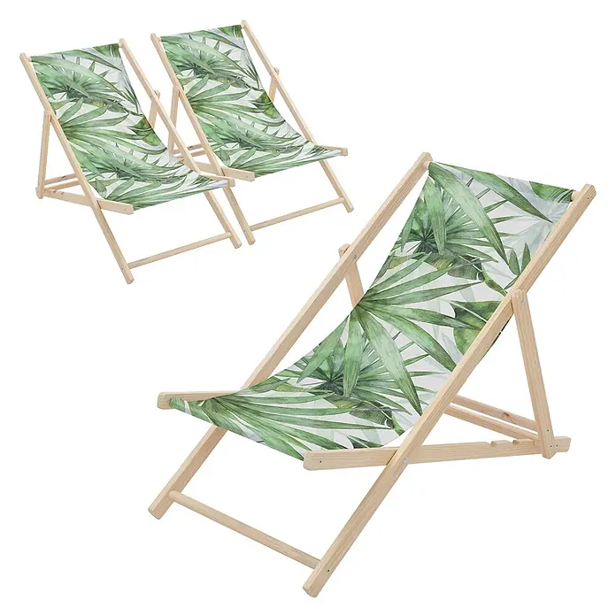 ECD Germany Strandstuhl 3er Set Sonnenliege mit 3-Fach verstellbarer Rückenlehne Relaxliege - 3 Stk., Holz, Polyester, Klappbar, Grün, Weiß - Drei Holzliegestühle mit grünem tropischem Blattmusterstoff.