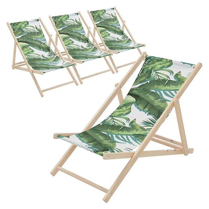 ECD Germany Strandstuhl 4er Set Sonnenliege mit 3-Fach verstellbarer Rückenlehne Relaxliege - 4 Stk., Holz, Polyester, Klappbar, Dunkelgrün, Weiß - Vier Holzliegestühle mit Stoffbezügen im tropischen Blättermuster.