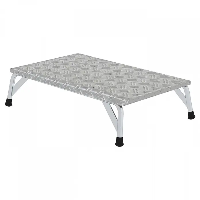 Munk Arbeitsplattform Arbeitspodest Aluminium 1000x600mm - Anzahl Tritte: 1 Stk., Arbeitshöhe: 2.250 m, Belastbarkeit: 150 kg, Aluminium - Rechteckiger silberner Tritt aus Riffelblech mit Chrombeinen und schwarzen Antirutschfüßen.