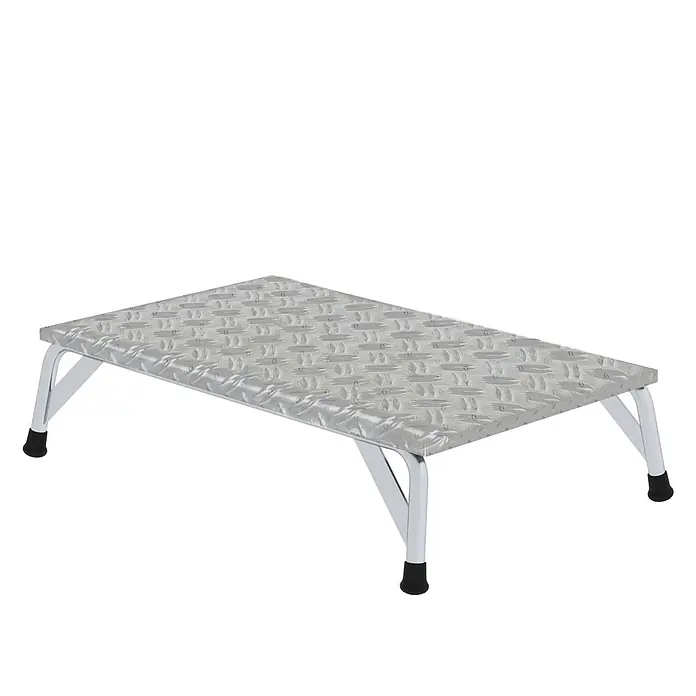 Munk Arbeitsplattform Arbeitspodest Aluminium 1000x600mm - Anzahl Tritte: 1 Stk., Arbeitshöhe: 2.250 m, Belastbarkeit: 150 kg, Aluminium - Silberner Riffelblech-Trittschemel mit schwarzen Gummifüßen.