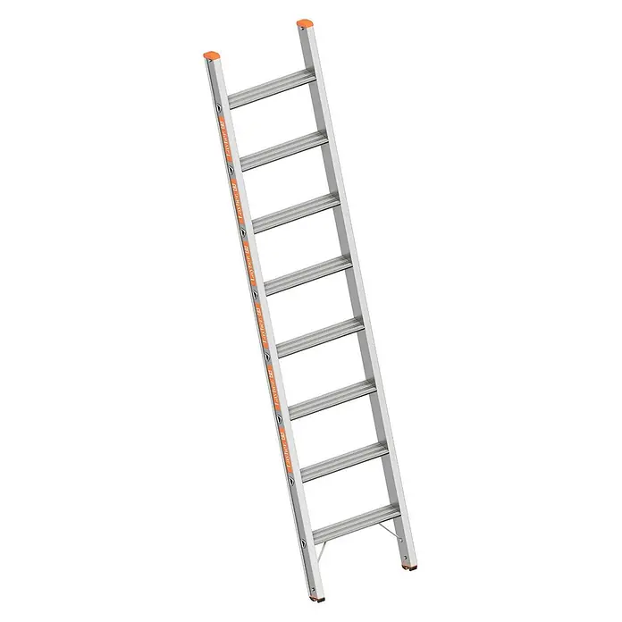 Layher Anlegeleiter Topic 1042 Stufenanlegeleiter 8 Stufen - Anzahl Tritte: 8 Stk., Arbeitshöhe: 3.100 m, Aluminium - Silberne Aluminium-Anlegeleiter mit mehreren Sprossen und orangefarbenen Endkappen.
