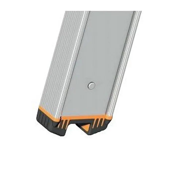 Layher Anlegeleiter Topic 1042 Stufenanlegeleiter 6 Stufen - Anzahl Tritte: 6 Stk., Arbeitshöhe: 2.650 m, Aluminium - Silberner Leiterholm mit schwarzem und orangem rutschfestem Fuß für erhöhte Stabilität.