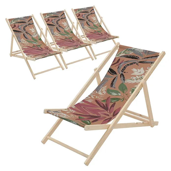 ECD Germany Strandstuhl 4er Set Sonnenliege mit 3-Fach verstellbarer Rückenlehne Relaxliege - 4 Stk., Holz, Polyester, Klappbar, Braun, Rot, Grün - Vier Holzliegestühle mit braunem Stoffbezug und tropischem Blattmuster.