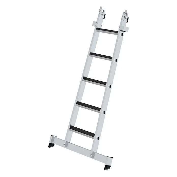 Munk Anlegeleiter Stufen-Glasreinigerleiter mit nivello-Traverse clip-step R13, 5-stufiges Un - Aluminium - Silberne Mehrzweckleiter mit schwarzen rutschfesten Sprossen und verstellbarem oberen Teil zur sicheren Positionierung.