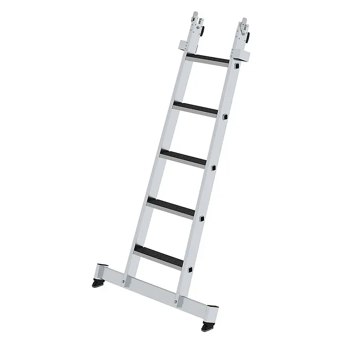 Munk Anlegeleiter Stufen-Glasreinigerleiter mit nivello-Traverse clip-step R13, 5-stufiges Un - Aluminium - Silberne, verstellbare Aluminiumleiter mit schwarzen Anti-Rutsch-Stufen, Haken oben und rutschfesten Füßen.