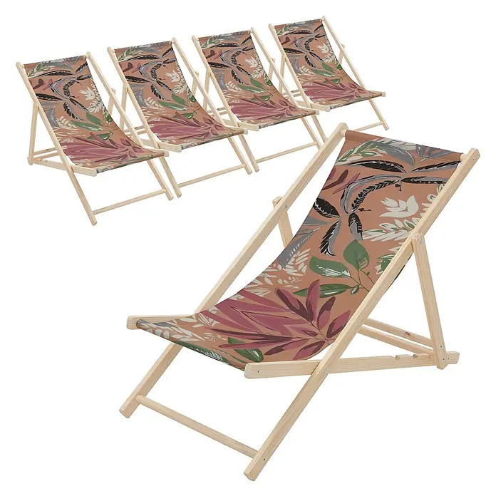 ECD Germany Strandstuhl 5er Set Sonnenliege mit 3-Fach verstellbarer Rückenlehne Relaxliege - 5 Stk., Holz, Polyester, Klappbar, Braun, Rot, Grün - Set von hölzernen Liegestühlen mit Stoffbespannung und tropischem Blättermuster.