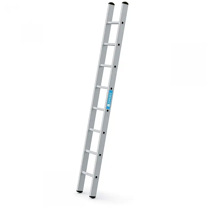 Zarges Anlegeleiter Anlegeleiter Alto L 8 Sprossen - Anzahl Tritte: 8 Stk., Arbeitshöhe: 3.350 m, Aluminium - Silberfarbene Aluminium-Anlegeleiter mit schwarzen Endkappen und rutschfesten Füßen.
