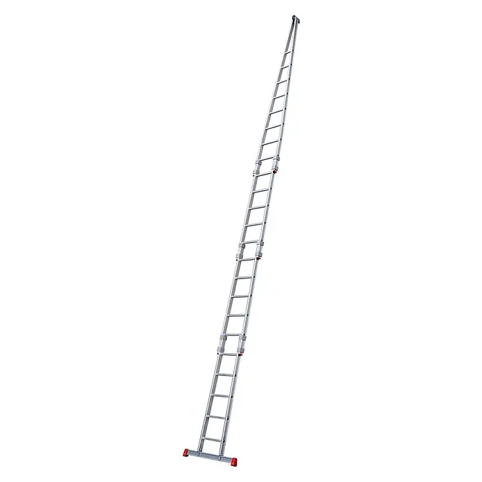 Siedra-Leitern Anlegeleiter Glasreinigerleiter 157 mit 28 Sprossen - 8x Sprossen Oberteil 3x5 Sprossen - Anzahl Tritte: 28 Stk., Aluminium - Silberne Aluminium-Ausziehleiter mit mehreren Abschnitten, roten Sicherheitsfüßen und gelb/roten Verriegelungsmechanismen.