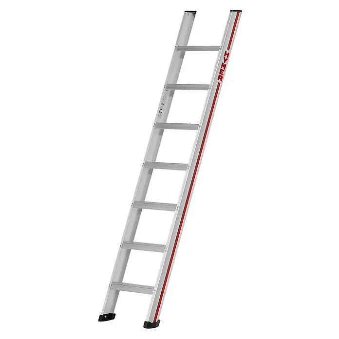 Hymer Anlegeleiter Stufenanlegeleiter mit 8-fach vollvernieteter Stufen 7 Stufen - Anzahl Tritte: 7 Stk., Arbeitshöhe: 2.910 m, Aluminium - Silberne Aluminiumleiter mit roten Akzenten und schwarzen rutschfesten Füßen, mit mehreren breiten Sprossen.