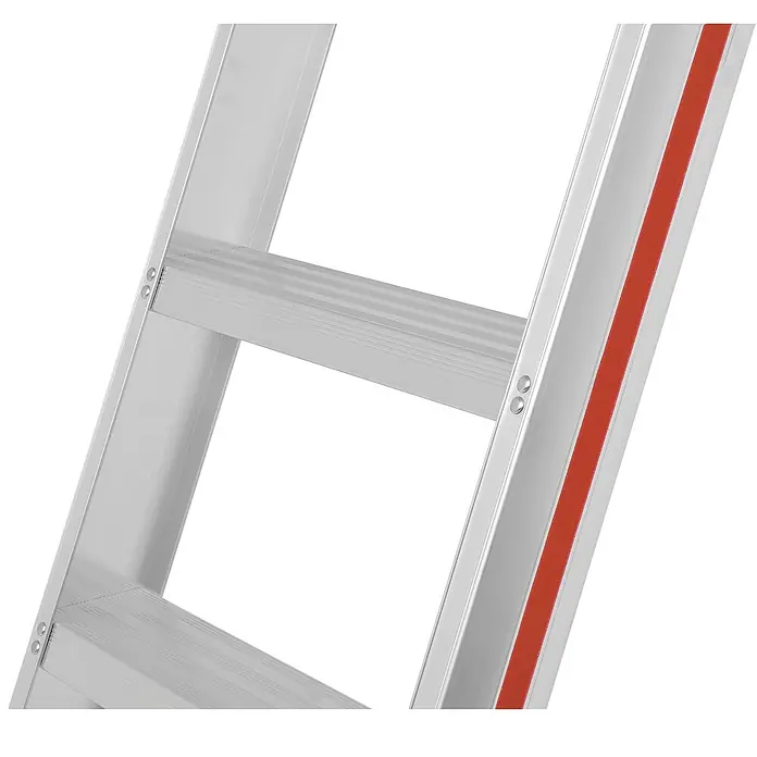 Hymer Anlegeleiter Stufenanlegeleiter mit 8-fach vollvernieteter Stufen 8 Stufen - Anzahl Tritte: 8 Stk., Arbeitshöhe: 3.140 m, Aluminium - Silberne Aluminiumleiter mit flachen Sprossen und rotem Streifen.
