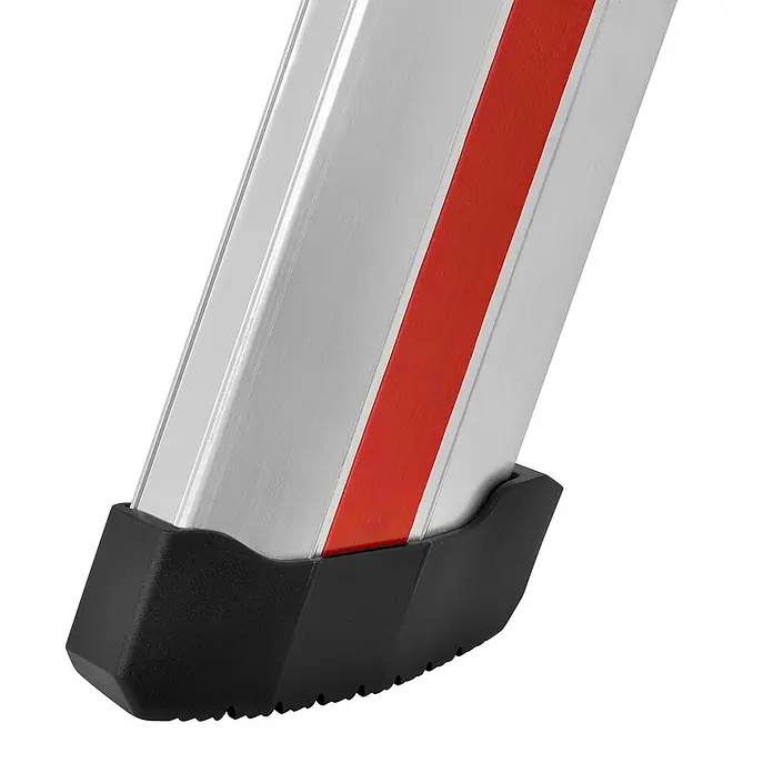 Hymer Anlegeleiter Stufenanlegeleiter mit 8-fach vollvernieteter Stufen 8 Stufen - Anzahl Tritte: 8 Stk., Arbeitshöhe: 3.140 m, Aluminium - Silberner Leiterholm mit rotem Streifen und schwarzem Anti-Rutsch-Gummifuß.