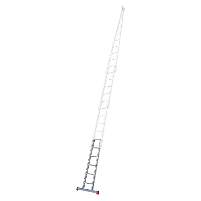 Siedra-Leitern Anlegeleiter Glasreinigerleiter 157 mit 5 Sprossen - Einzelteil Unterteil - Anzahl Tritte: 5 Stk., Aluminium - Silberne Aluminium-Ausziehleiter mit roten Füßen, teilweise ausgefahren.