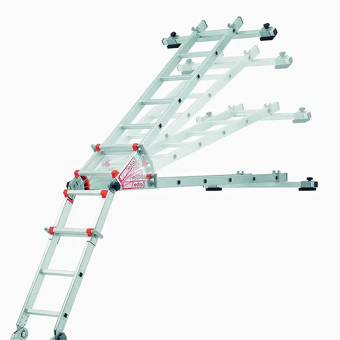 Siedra-Leitern Anlegeleiter Wintergarten Glasdachleiter 988 mit Glasauflage 4x4 Sprossen - Anzahl Tritte: 4 Stk., Arbeitshöhe: 3.100 m, Aluminium - Silberne Mehrzweck-Gelenkleiter mit roten Akzenten, die ihre vielseitigen Konfigurationen zeigt.