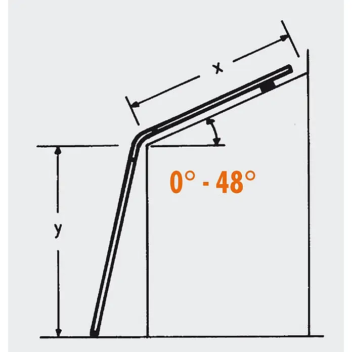 Siedra-Leitern Anlegeleiter Wintergarten Glasdachleiter 988 mit Glasauflage 4x4 Sprossen - Anzahl Tritte: 4 Stk., Arbeitshöhe: 3.100 m, Aluminium - Diagramm eines Bauteils mit verstellbarem Winkel von 0° bis 48° und Abmessungen x und y.