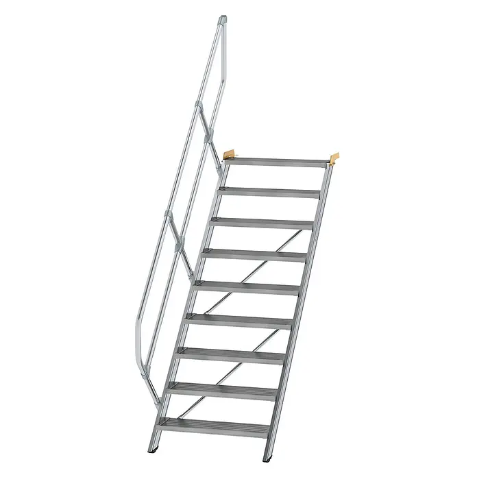 Munk Außentreppe Treppe 45° inkl. einen Handlauf, 800mm Stufenbreite, 9 Stufen -  - Tragbare silberfarbene Aluminiumtreppe mit Handlauf und 10 geriffelten Stufen.