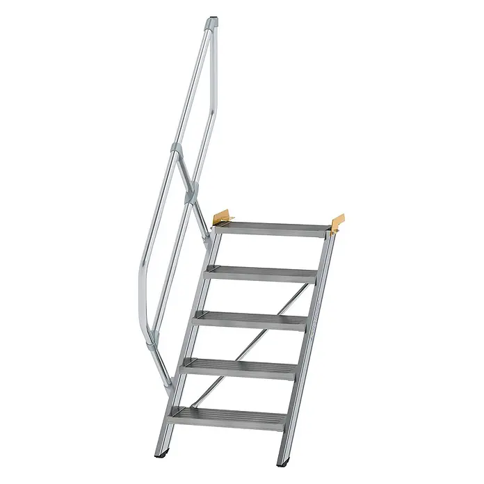 Munk Außentreppe Treppe 45° inkl. einen Handlauf, 600mm Stufenbreite, 5 Stufen -  - Silbergraue Aluminium-Mobil-Treppe mit fünf Stufen und Handlauf. Gelbe Befestigungen oben.