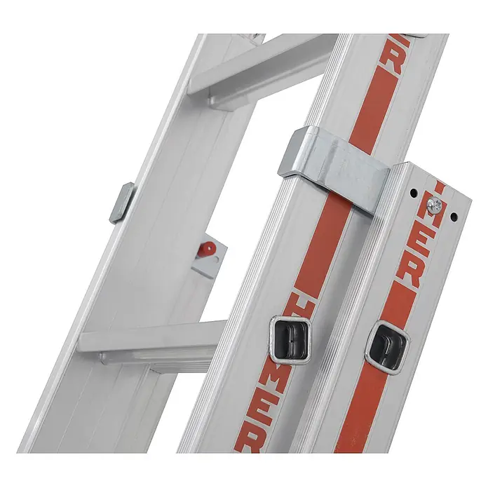 Hymer Anlegeleiter Stufenschiebeleiter 14 Stufen - Anzahl Tritte: 14 Stk., Arbeitshöhe: 7.640 m, Aluminium - Nahaufnahme eines Aluminium-Leiterteils mit roten Markierungen, Metallverbindungen und schwarzen Antirutsch-Einsätzen.