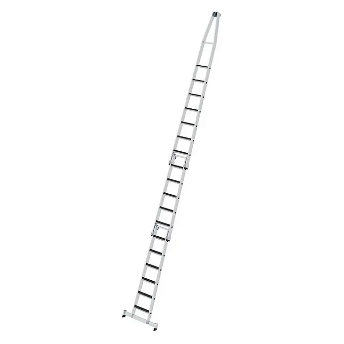 Munk Anlegeleiter Stufen- Glasreinigerleiter 3-teilig mit clip-step R13 und nivello Traverse - Anzahl Tritte: 18 Stk., Arbeitshöhe: 6.750 m, Aluminium - Silberne Aluminium-Ausziehleiter mit schwarzen Sprossen.