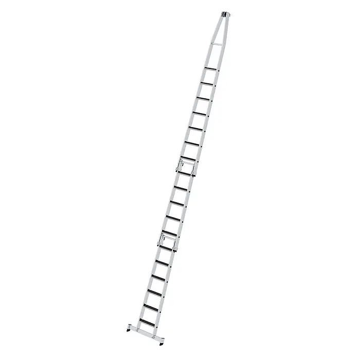 Munk Anlegeleiter Stufen- Glasreinigerleiter 3-teilig mit clip-step R13 und nivello Traverse - Anzahl Tritte: 18 Stk., Arbeitshöhe: 6.750 m, Aluminium - Silberne Aluminium-Ausziehleiter mit schwarzen rutschfesten Sprossen und breiter Basis.