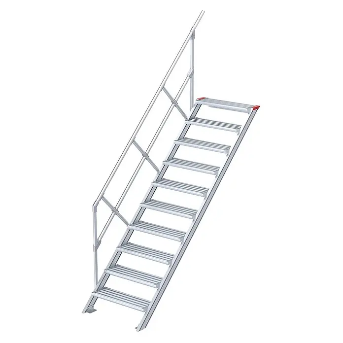 Euroline Außentreppe 510 Treppe 45° 800mm Stufenbreite 10 Stufen Alu gerieft - Anzahl Steigungen: 10 Stk. - Silbergraue Metall-Zugangstreppe mit rutschfesten Stufen und Handläufen, mit roten Sicherheitskappen an den oberen Stufenecken.