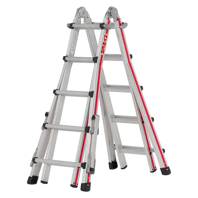 Hymer Anlegeleiter Teleskopleiter Telestep 4x5 Sprossen - Anzahl Tritte: 5 Stk., Arbeitshöhe: 6.100 m, Aluminium - Silberne Aluminium-Mehrzweckleiter mit roten Akzenten und schwarzen Kunststoffbeschlägen, in A-Form dargestellt.