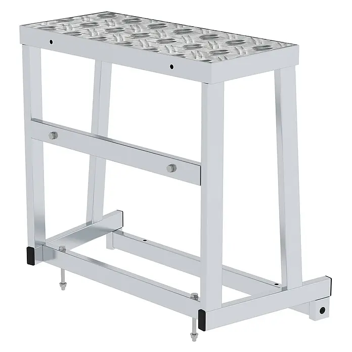 Munk Arbeitsplattform modulares Arbeitspodest Erweiterungsmodul 2 - Arbeitshöhe: 2.600 m, Aluminium - Stabile silberne Metall-Arbeitsplattform mit Riffelblech-Oberfläche und verstellbaren Füßen.