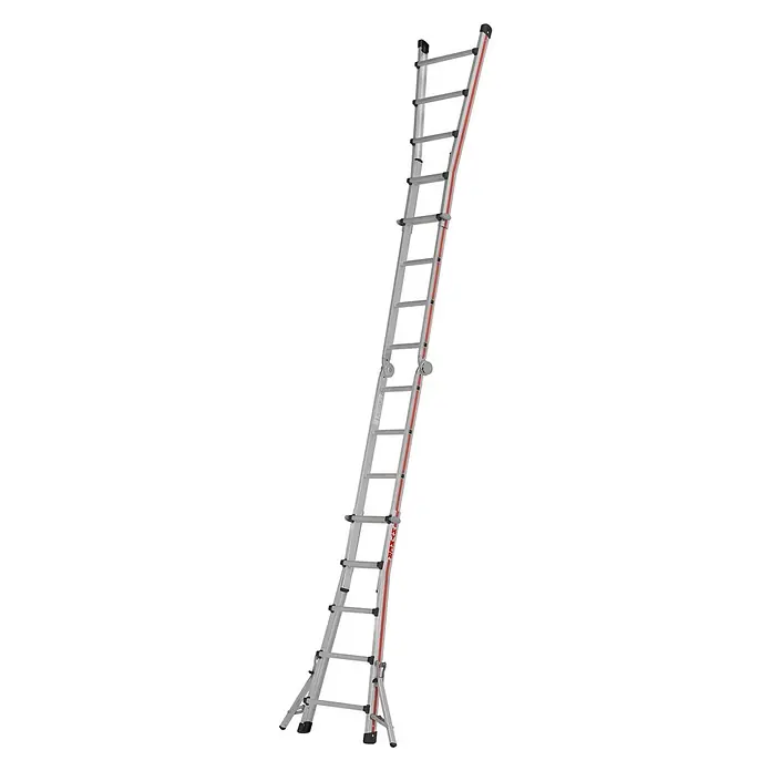 Hymer Anlegeleiter Teleskopleiter Telestep 4x5 Sprossen - Anzahl Tritte: 5 Stk., Arbeitshöhe: 6.100 m, Aluminium - Silberne Aluminium-Mehrzweckleiter mit roten Akzenten und dem „HYMER“-Logo, in ausgefahrener, abgewinkelter Konfiguration dargestellt.