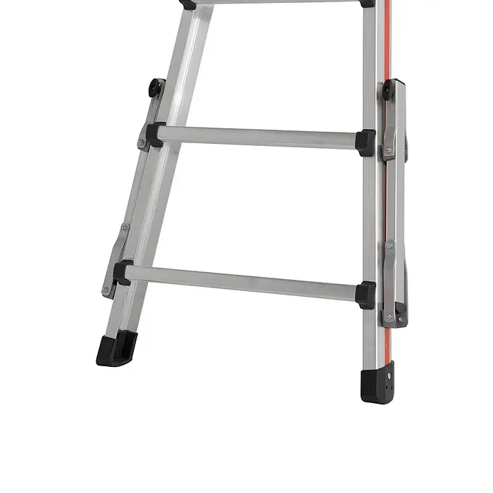 Hymer Teleskopleiter Teleskopleiter Telestep 4x4 Sprossen - Anzahl Tritte: 4 Stk., Arbeitshöhe: 5.000 m, Aluminium - Teil einer silbernen Aluminium-Klappleiter mit schwarzen Füßen und Gelenken, sowie einem roten Streifen.