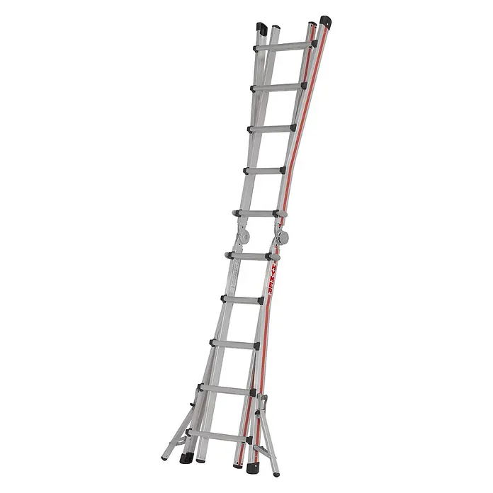 Hymer Anlegeleiter Teleskopleiter Telestep 4x5 Sprossen - Anzahl Tritte: 5 Stk., Arbeitshöhe: 6.100 m, Aluminium - Silberne Aluminium-Mehrzweckleiter mit roten Streifen und schwarzen Akzenten.