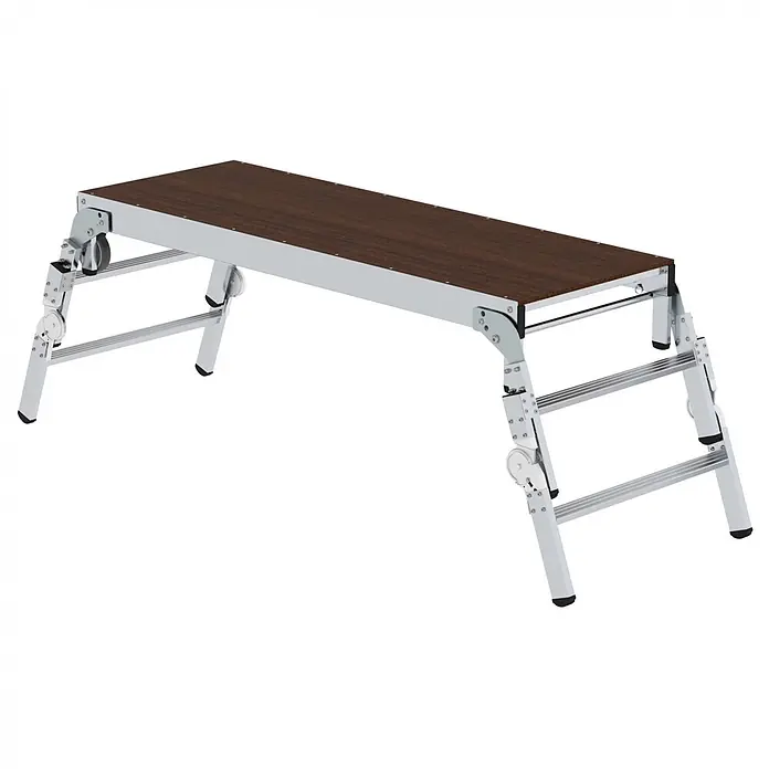 Munk Arbeitsplattform ML Maschinenpodest höhenverstellbar - Anzahl Tritte: 3 Stk., Arbeitshöhe: 2.730 m, Aluminium - Verstellbare, klappbare Arbeitsplattform mit brauner Holzplatte und silbernen Aluminiumbeinen.