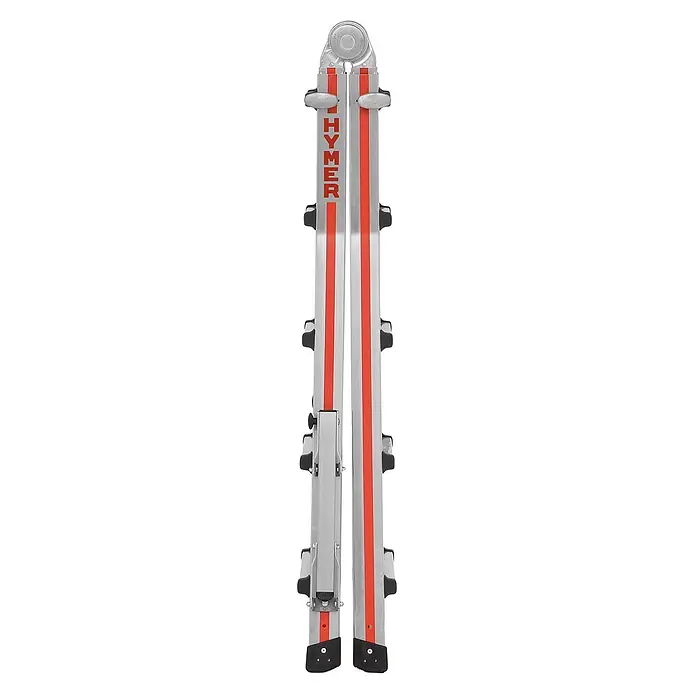 Hymer Anlegeleiter Teleskopleiter Telestep 4x5 Sprossen - Anzahl Tritte: 5 Stk., Arbeitshöhe: 6.100 m, Aluminium - Zusammengeklappte silberne Aluminiumleiter mit roten Streifen und schwarzen Sprossen für kompakte Lagerung und Transport.