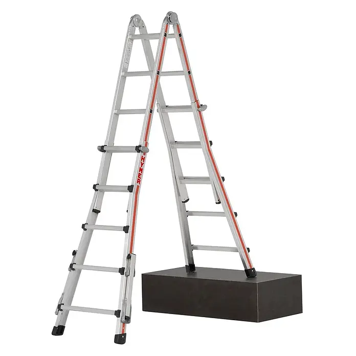 Hymer Anlegeleiter Teleskopleiter Telestep 4x5 Sprossen - Anzahl Tritte: 5 Stk., Arbeitshöhe: 6.100 m, Aluminium - Silberne Aluminium-Mehrzweckleiter in A-Form mit roten Akzenten, auf dunklem Block stehend.