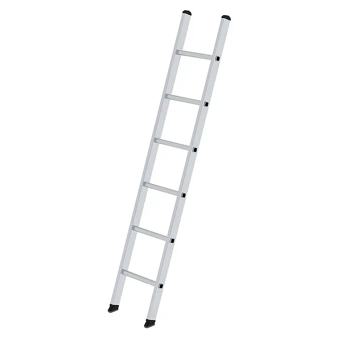 Munk Anlegeleiter Anlegeleiter B35 6 Sprossen - Anzahl Tritte: 6 Stk., Arbeitshöhe: 3.000 m, Belastbarkeit: 150 kg, Aluminium - Silberne Aluminiumleiter mit schwarzen rutschfesten Füßen und Kappen.