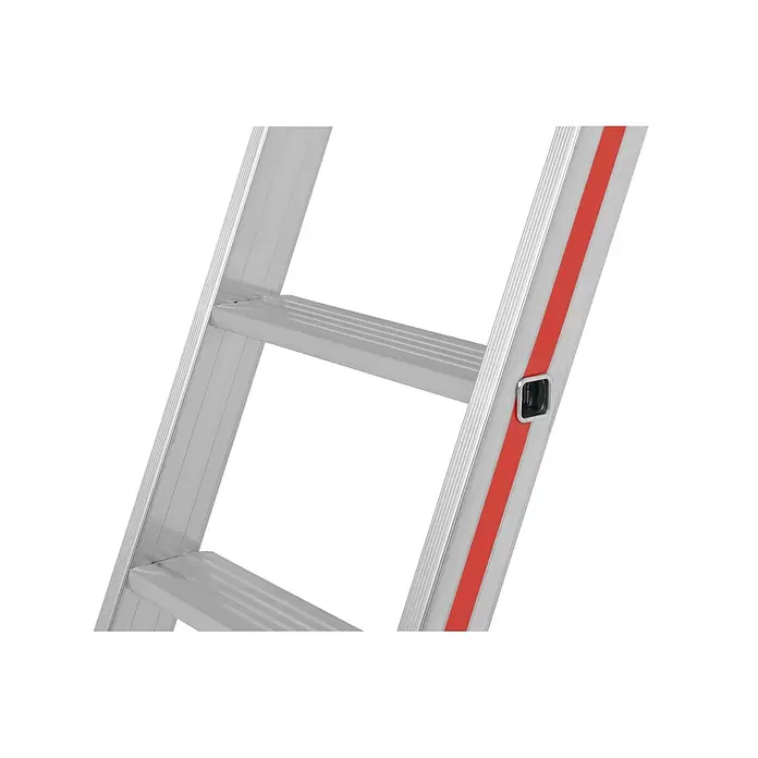 Hymer Anlegeleiter Stufenanlegeleiter verbördelt 8 Stufen - Anzahl Tritte: 8 Stk., Arbeitshöhe: 3.170 m, Aluminium - Nahaufnahme einer silbernen Metallleiter mit rotem Streifen und dunklem Metallmechanismus.