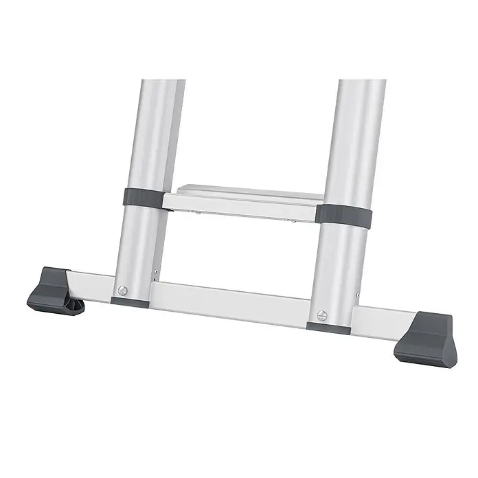 Munk Anlegeleiter ML Stufen Teleskopleiter 13 Stufen - Anzahl Tritte: 13 Stk., Arbeitshöhe: 4.700 m, Belastbarkeit: 150 kg, Aluminium - Silberne Aluminium-Leiterbasis mit dunkelgrauen Antirutschfüßen und Stabilisatorstange.