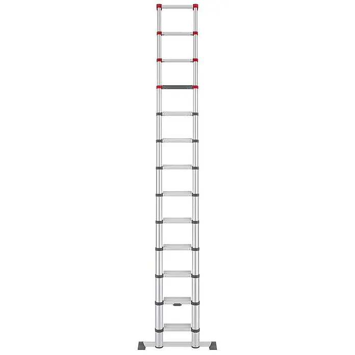 Munk Anlegeleiter ML Stufen Teleskopleiter 13 Stufen - Anzahl Tritte: 13 Stk., Arbeitshöhe: 4.700 m, Belastbarkeit: 150 kg, Aluminium - Silberne Aluminium-Teleskopleiter mit roten und dunkelgrauen Akzenten.