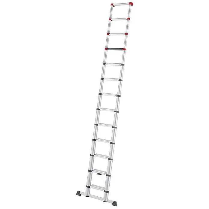 Munk Anlegeleiter ML Stufen Teleskopleiter 13 Stufen - Anzahl Tritte: 13 Stk., Arbeitshöhe: 4.700 m, Belastbarkeit: 150 kg, Aluminium - Silberne Aluminium-Teleskopleiter mit roten Sicherheitsverschlüssen und schwarzen Sprossen, vollständig ausgefahren.