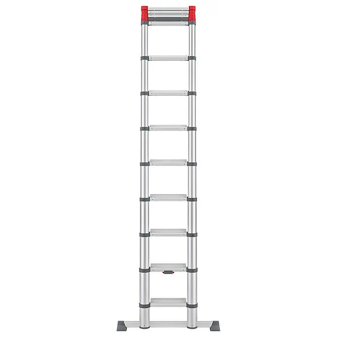 Munk Anlegeleiter ML Stufen Teleskopleiter 13 Stufen - Anzahl Tritte: 13 Stk., Arbeitshöhe: 4.700 m, Belastbarkeit: 150 kg, Aluminium - Ausgefahrene Teleskopleiter aus silbernem Aluminium mit roten und dunkelgrauen Akzenten.
