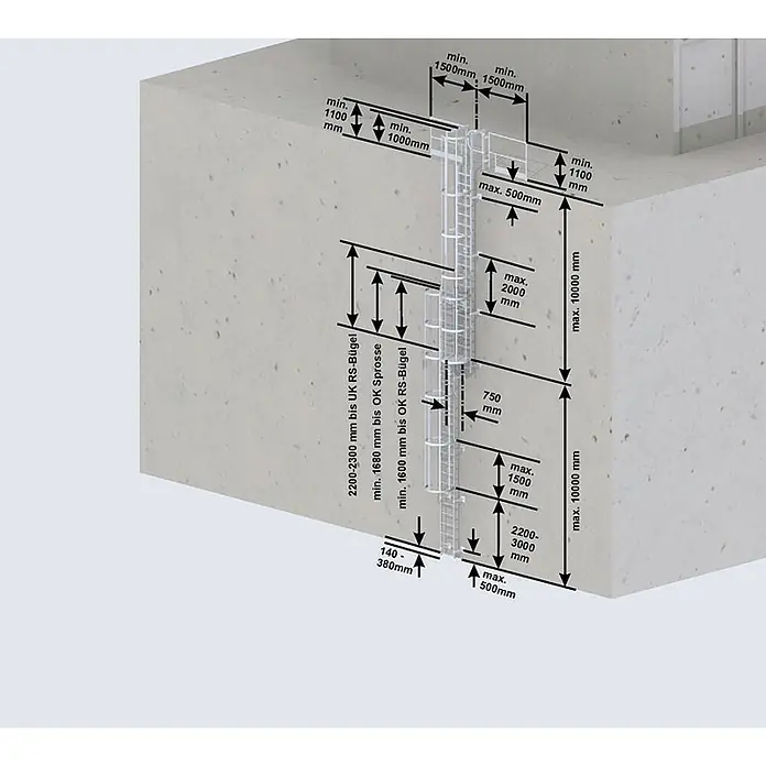 Euroline Anlegeleiter Steigleiter Aluminium blank SH 13,44m PG1 - Aluminium - Metallisches Steigleiter-System mit Rückenschutz, an Betonwand montiert, zeigt Installationsmaße.