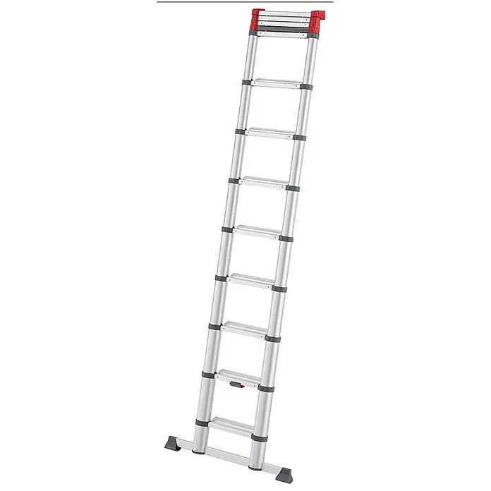 Munk Anlegeleiter ML Stufen Teleskopleiter 13 Stufen - Anzahl Tritte: 13 Stk., Arbeitshöhe: 4.700 m, Belastbarkeit: 150 kg, Aluminium - Silberne Aluminium-Teleskopleiter mit roten und dunkelgrauen Akzenten, ausgefahren und angelehnt.