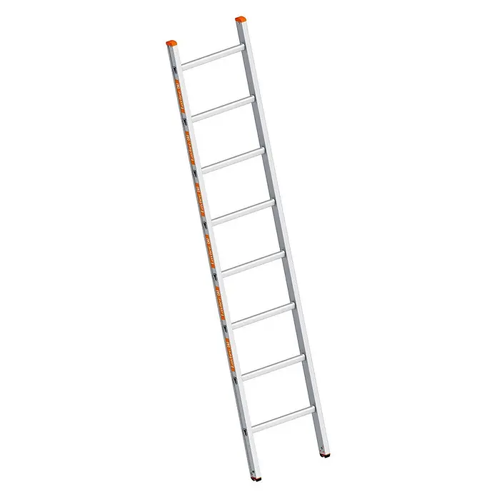 Layher Anlegeleiter Topic 1054 Anlegeleiter 8 Sprossen - Anzahl Tritte: 8 Stk., Arbeitshöhe: 3.250 m, Aluminium - Silberne Aluminiumleiter mit mehreren Sprossen und orangefarbenen Schutzkappen.