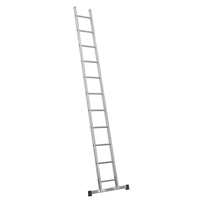 Facal Anlegeleiter Anlegeleiter STILO S100 11 Sprossen - Anzahl Tritte: 11 Stk., Arbeitshöhe: 4.260 m, Aluminium - Silberne Aluminiumleiter mit mehreren Sprossen und einer breiten Stabilisierungsstange mit schwarzen Füßen.