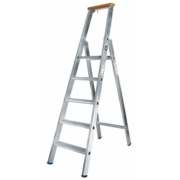 Iller Leiter Anlegeleiter Stufensteh, einseitig begehbar mit 3 Stufen 2,70m AH und Hartholzstufe als - Anzahl Tritte: 3 Stk., Arbeitshöhe: 2.700 m, Aluminium - Silberne Aluminium-Klappstehleiter mit 5 Stufen, Holzgriff oben und blauen Antirutschfüßen.