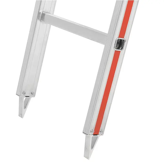 Hymer Anlegeleiter Obstbaumleiter 2x10 Sprossen - Arbeitshöhe: 5.850 m - Aluminiumleiterbeine mit roten Streifen und spitzen Erdspießen.
