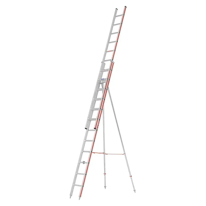 Hymer Anlegeleiter Obstbaumleiter 2x12 Sprossen - Arbeitshöhe: 6.930 m - Professionelle Aluminium-Schiebeleiter mit roten Markierungen und stabilem Dreibeinstativ für sicheren Stand.