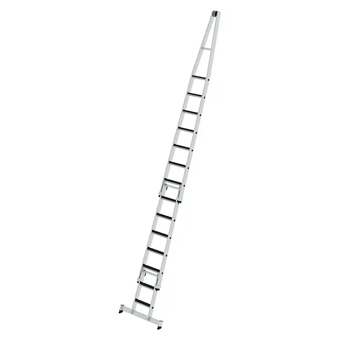 Munk Anlegeleiter Stufen- Glasreinigerleiter 4-teilig mit clip-step R13 und nivello Traverse - Anzahl Tritte: 18 Stk., Arbeitshöhe: 6.750 m, Aluminium - Silberne Ausziehleiter mit schwarzen Sprossen, verstellbarem Oberteil und stabiler Basis.