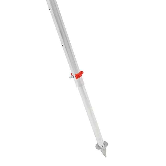 Hymer Anlegeleiter Obstbaumleiter 2x10 Sprossen - Arbeitshöhe: 5.850 m - Verstellbare silberne Teleskopstange aus Metall mit rotem Verriegelungsmechanismus und spitzem Erdspieß.