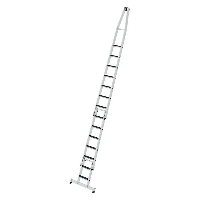 Munk Anlegeleiter Stufen- Glasreinigerleiter 4-teilig mit clip-step R13 und nivello Traverse - Anzahl Tritte: 18 Stk., Arbeitshöhe: 6.750 m, Aluminium - Silberne Aluminium-Ausziehleiter mit schwarzen Sprossen und breitem Standfuß, mit oberem Rad zur einfachen Verlängerung.