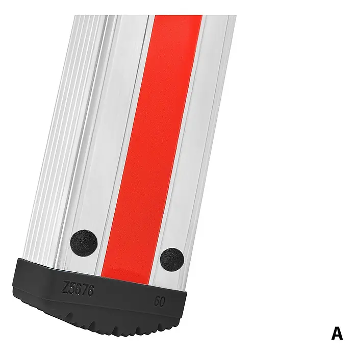 Hymer Anlegeleiter Stufenanlegeleiter R13-Beschichtung 14 Stufen - Anzahl Tritte: 14 Stk., Arbeitshöhe: 4.560 m, Aluminium - Unterer Teil eines silbernen Aluminiumprofils mit rotem Streifen und schwarzem Anti-Rutsch-Gummifuß.